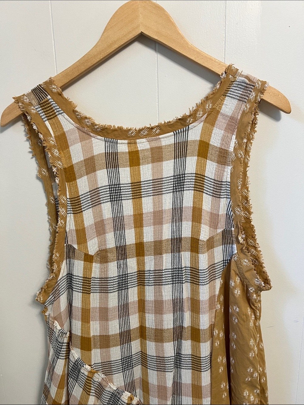 Free People No Stress Billowy Sleeveless Plaid Patchwork Raw Edge Midi Dress M - Picture 3 of 13